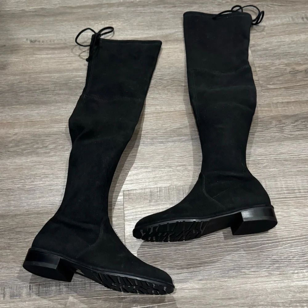 Stuart Weitzman Lowland OTK Over The Knee Suede Leather Tie Flat Boots
